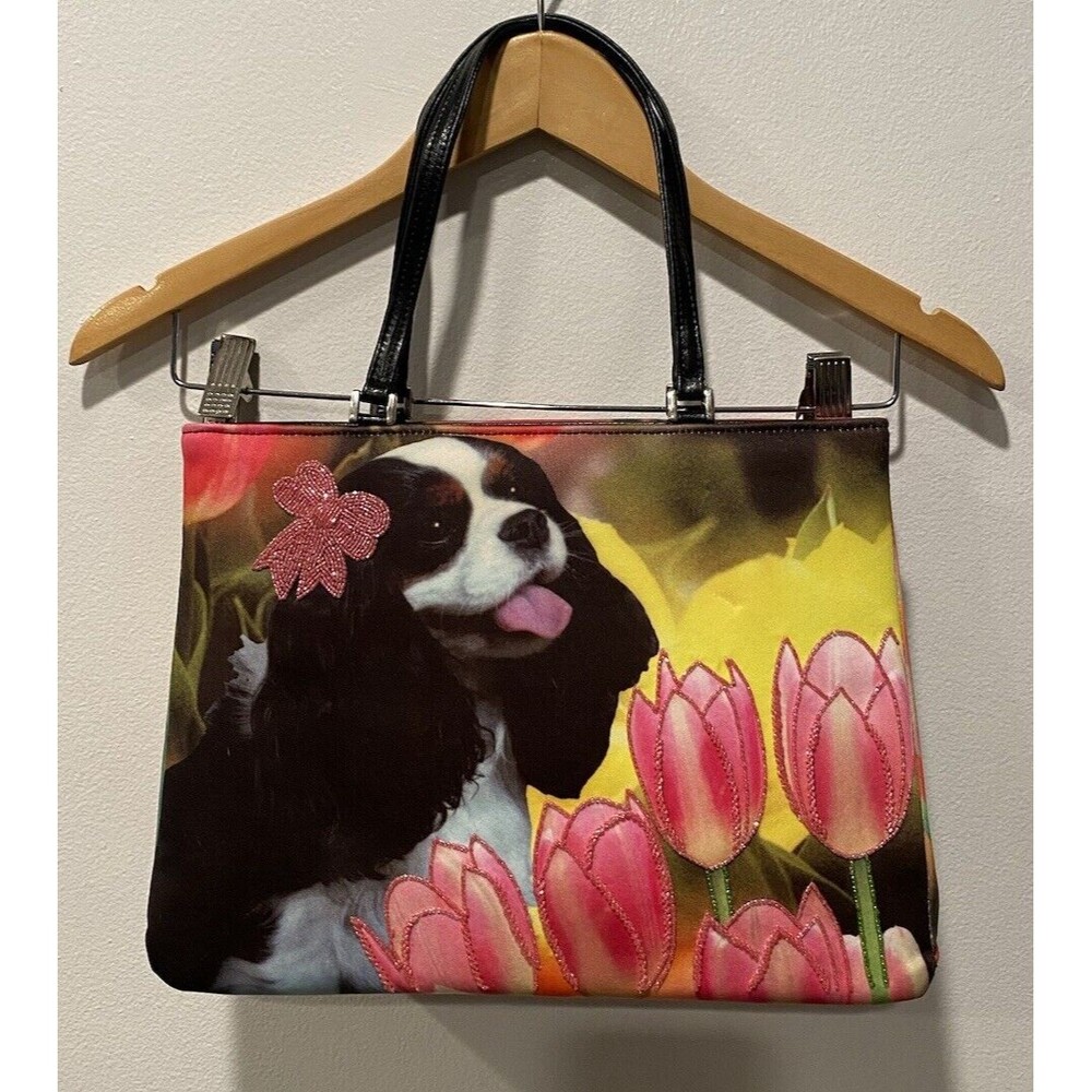 RARE Isabella Fiore King Charles Dog Beaded Canvas Tote Bag Dead stock NWT